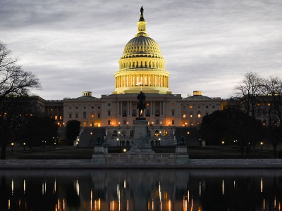 The US Capitol building at dusk
